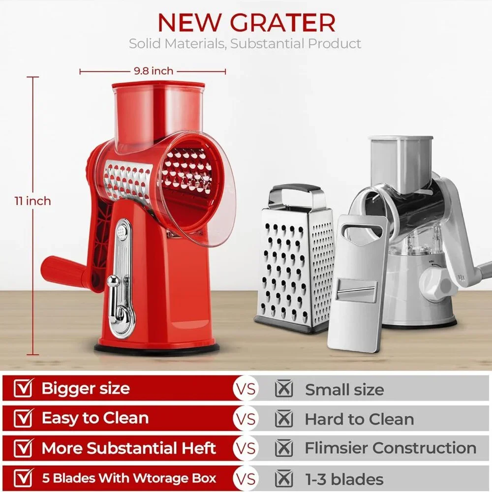 Rotary Cheese Grater w/Handle &5 Blades, Round Slicer & Vegetable Grater Red - Picture 2 of 8